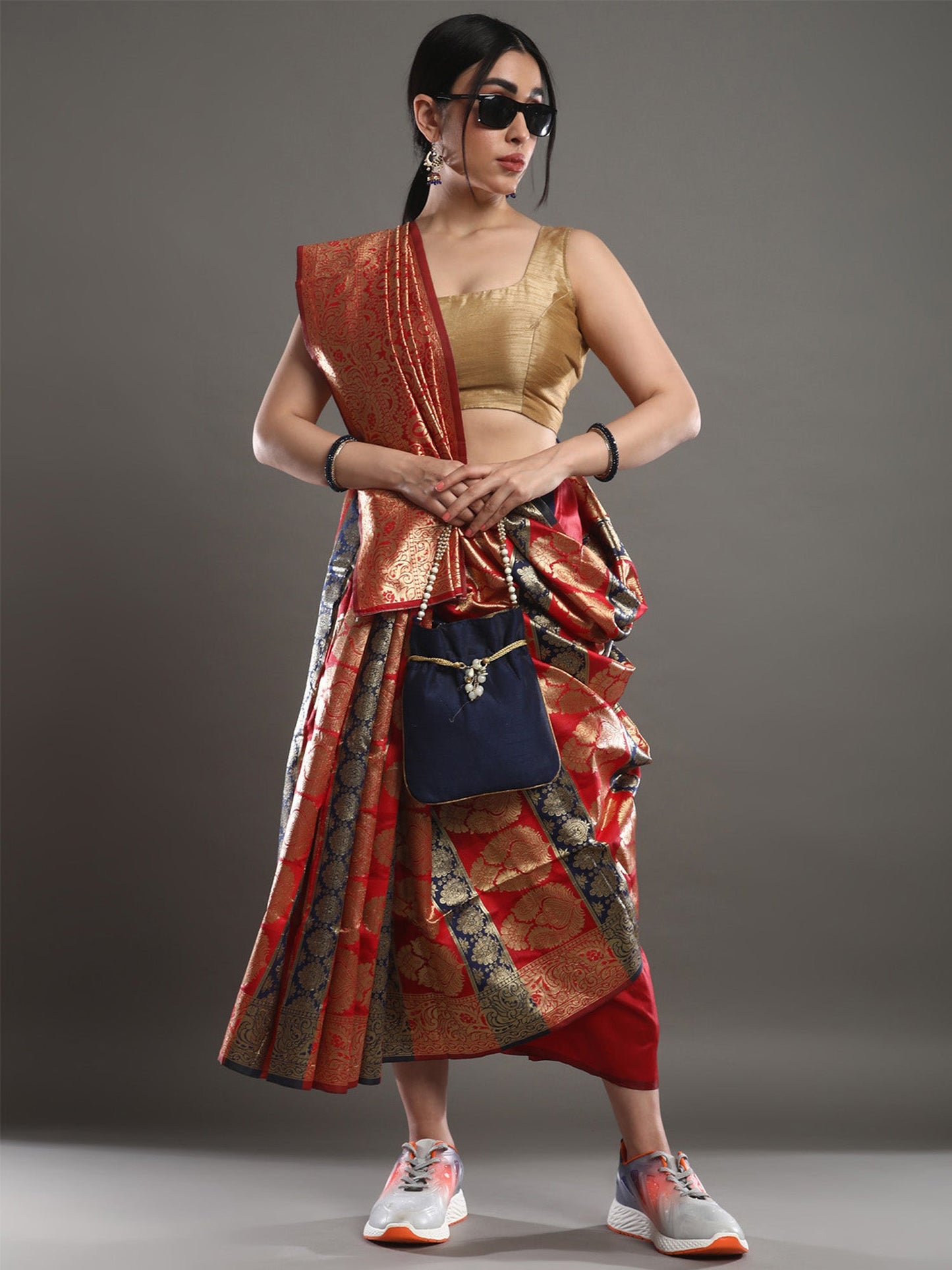 Women's Silk Blend Red Woven Design Designer Saree With Blouse Piece