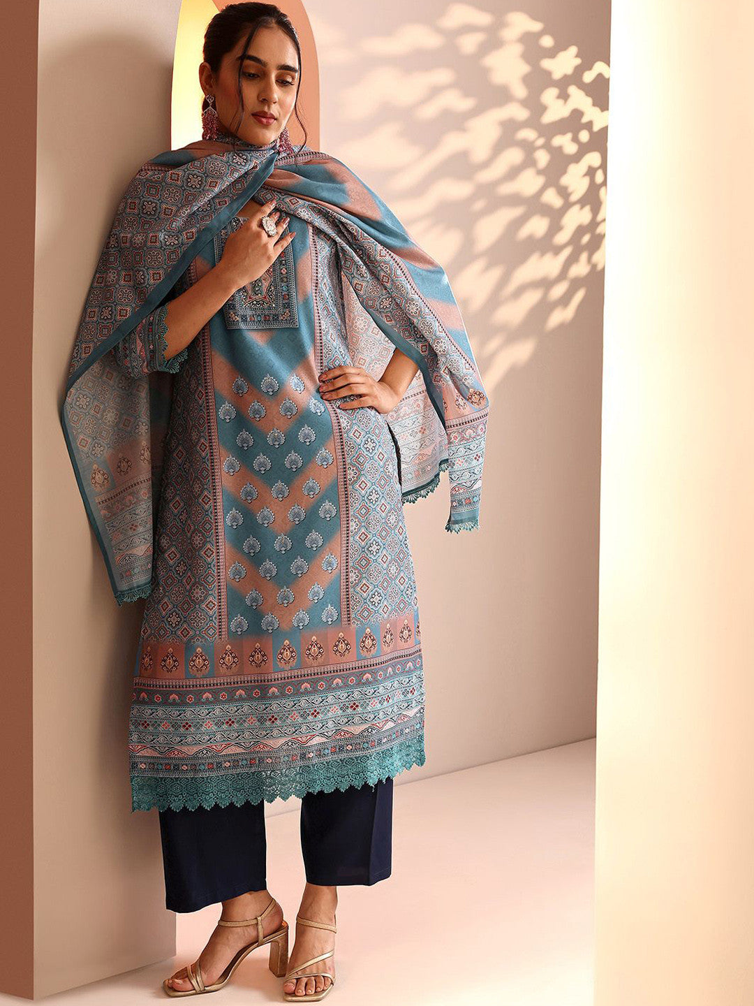 Ethnic Motifs Printed Thread Work Straight Kurta With Trousers & Dupatta