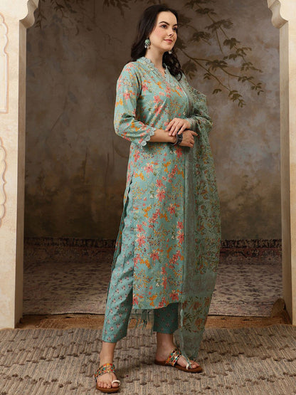 Floral Printed Pure Cotton Straght Kurta & Trouser With Dupatta