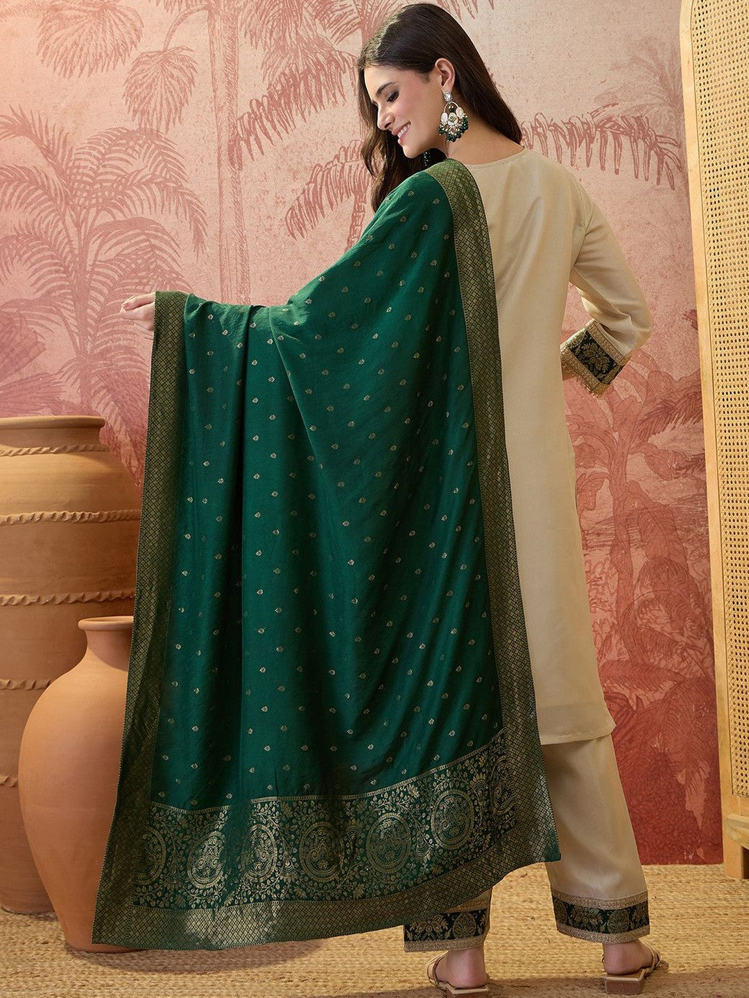 Embroidered V-Neck Kurta Trousers & Dupatta