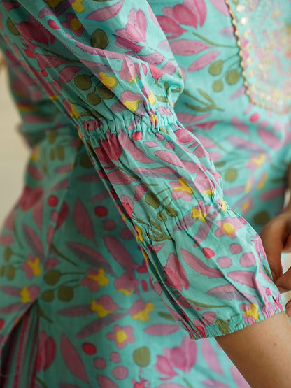 Dhiyona KL Floral Printed Mirror Work Pure Cotton Straight Kurta With Trousers & Dupatta