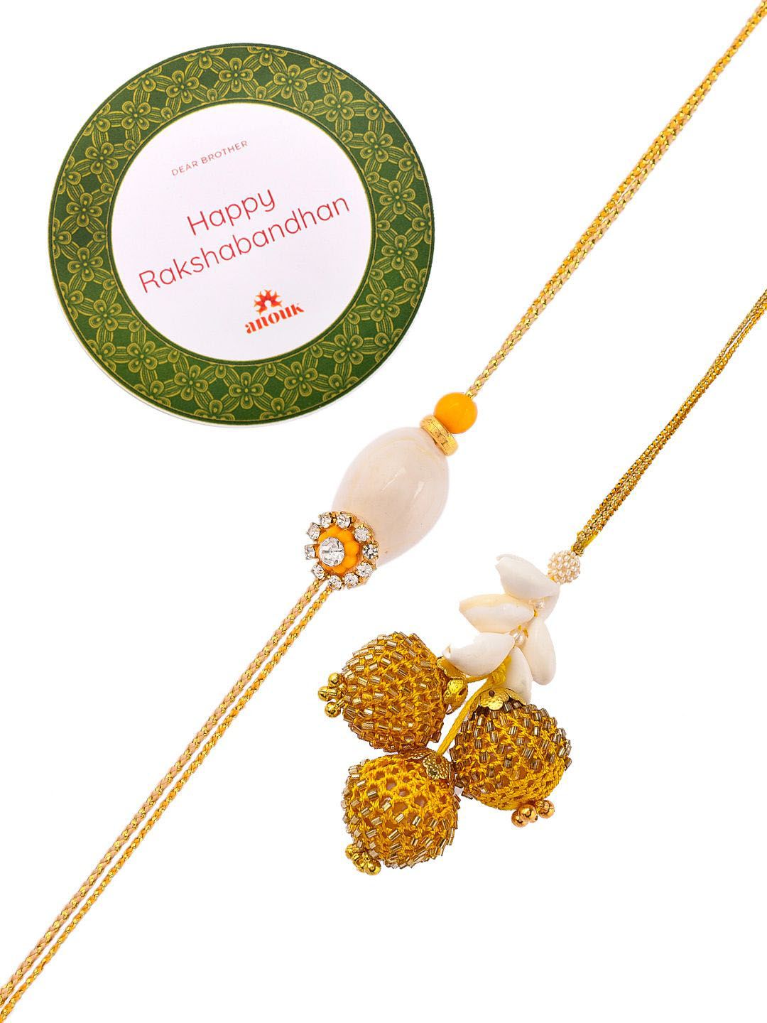 Dhiyona Gold Toned Beaded Bhaiya Bhabhi Thread Rakhis With Roli, Chawal & Greeting Card