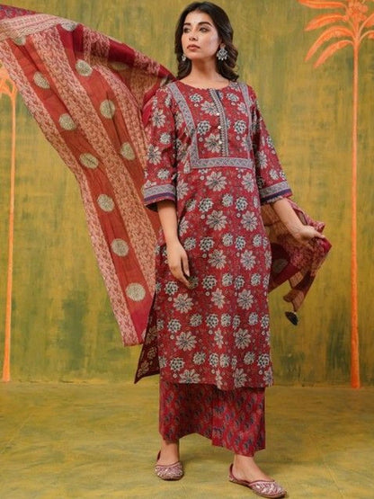 Dhiyona KL Women Floral Printed Regular Pure Cotton Kurta with Palazzos & With Dupatta