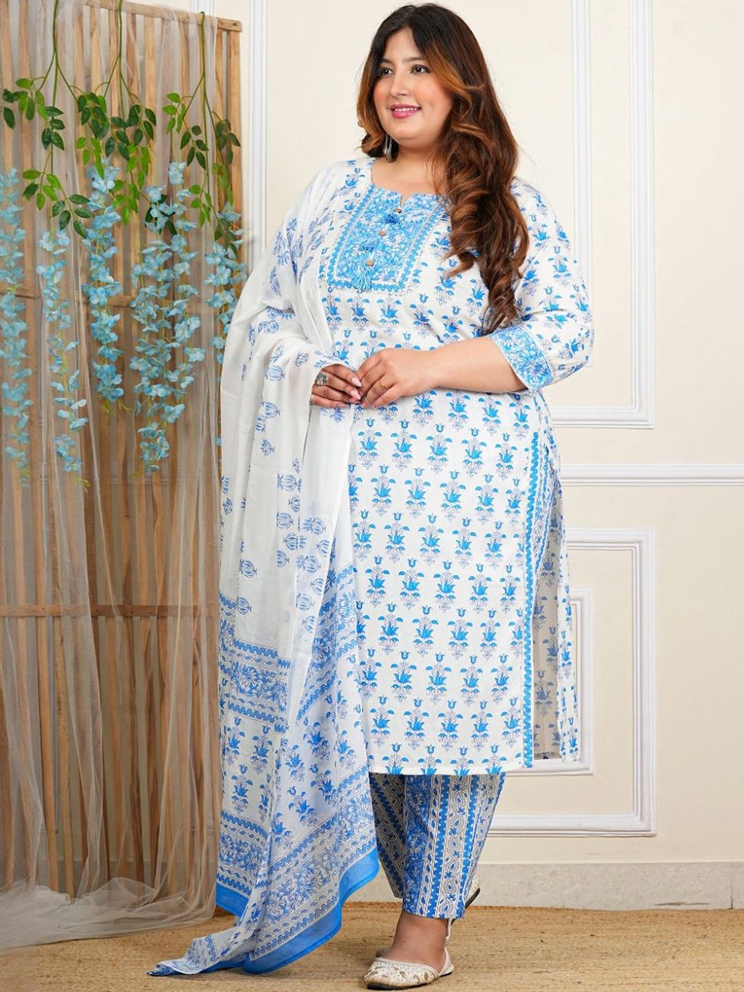 Dhiyona KL Women Ethnic Motifs Printed Pure Cotton Straight Kurta With Trousers & Dupatta