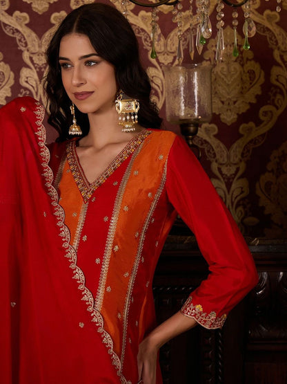 Dhiyona CH Women Ethnic Motifs Embroidered Panelled Thread Work Kurta with Palazzos & With Dupatta