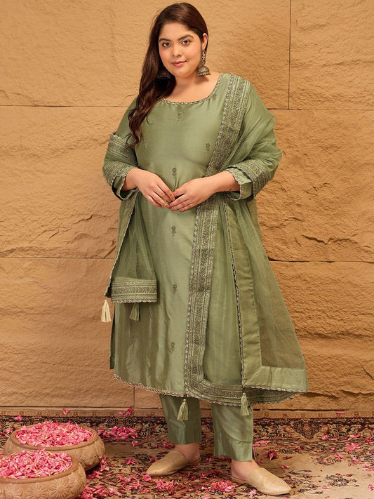 Dhiyona IN Ethnic Motifs Embroidered Sequinned Straight Kurta with Trousers & Dupatta