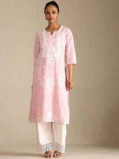 Dhiyona SO Women's Floral Embroidered Notch Neck Thread Work Pure Cotton Straight Kurta With Palazzos