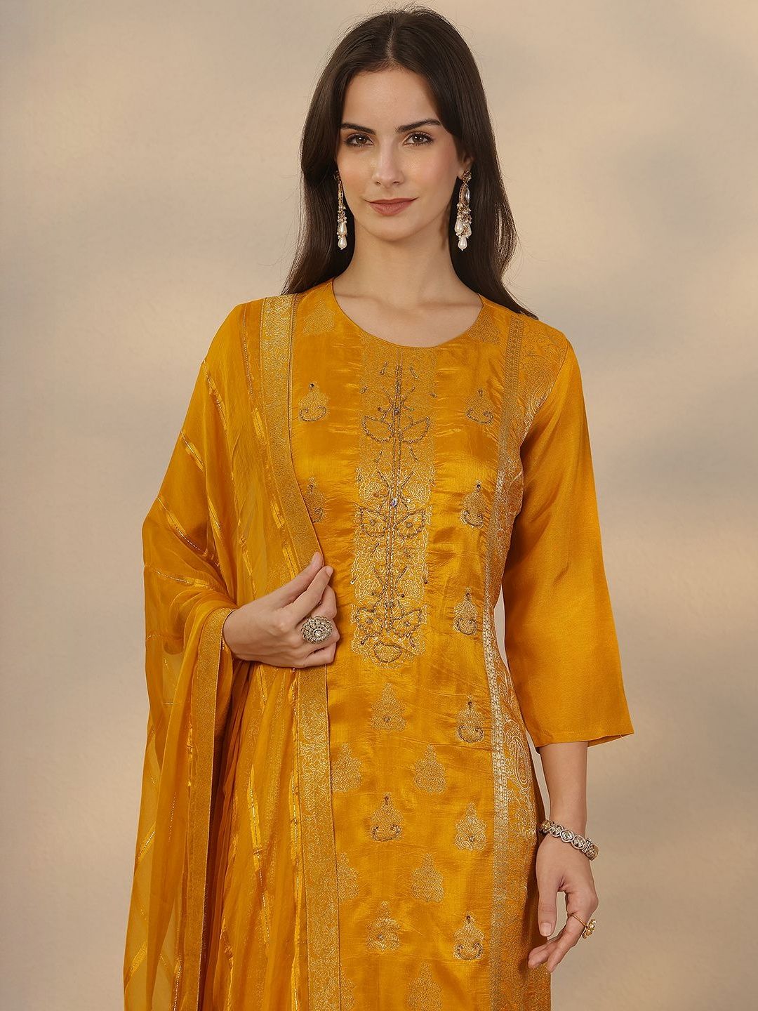 Dhiyona LL Women Ethnic Motifs Embroidered Regular Thread Work Kurta with Palazzos & With Dupatta