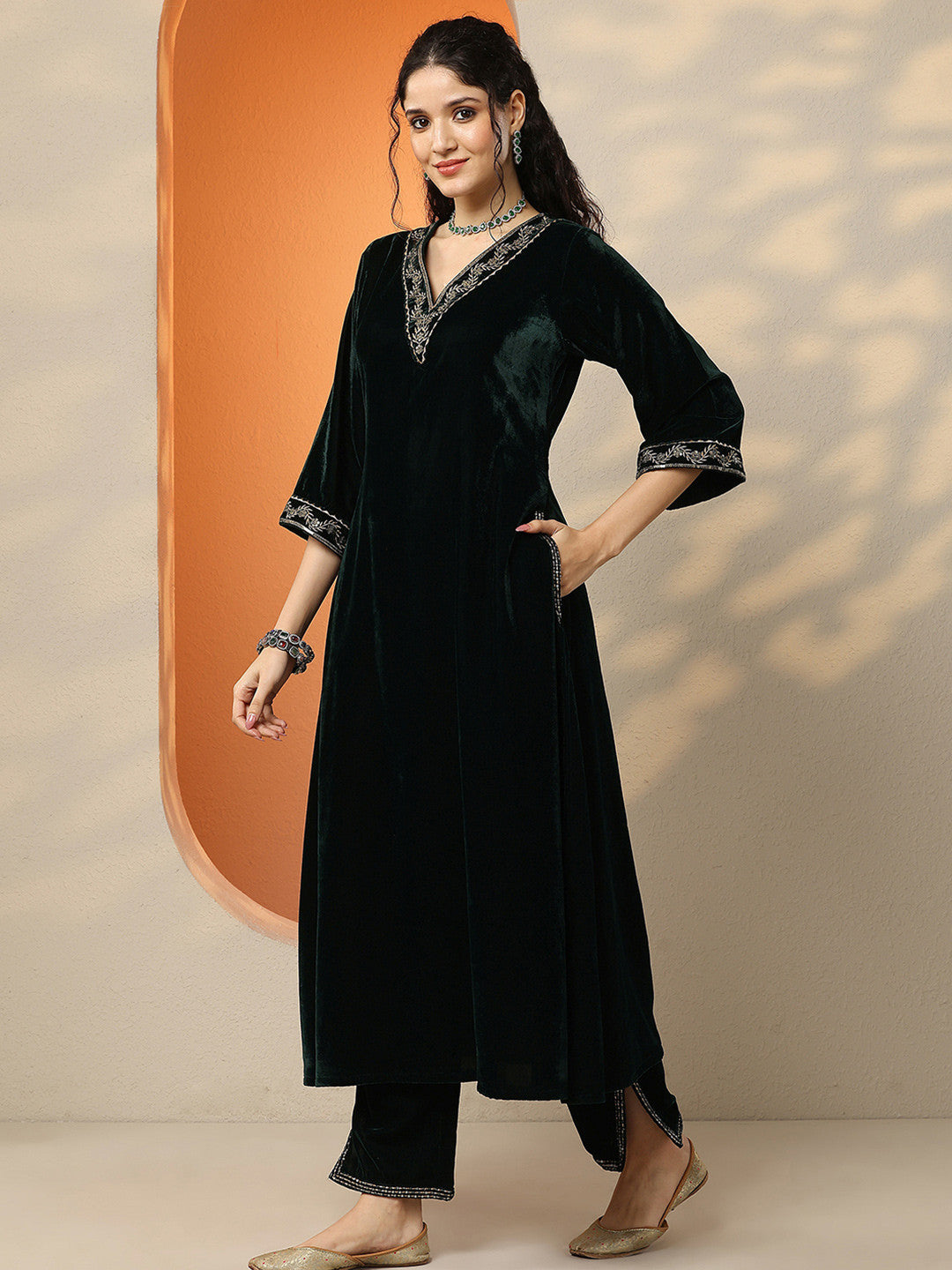 Floral Embroidered Zari Velvet A-Line Kurta With Trousers & Dupatta