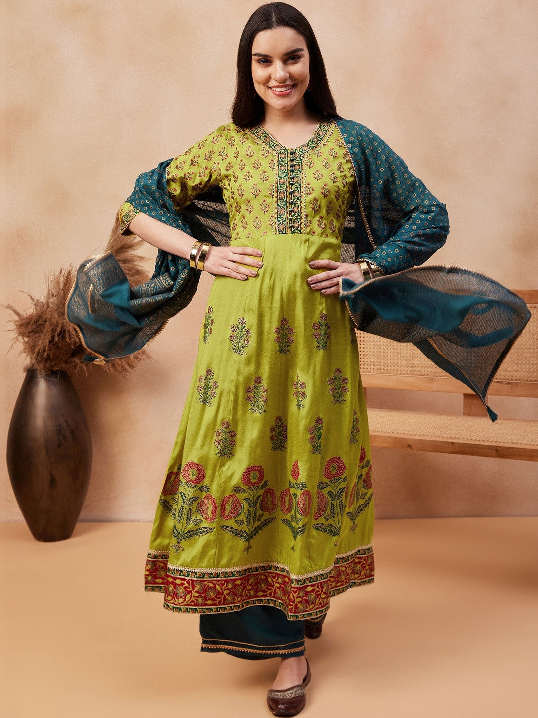 Printed Round Neck Kurta & Palazzos With Dupatta