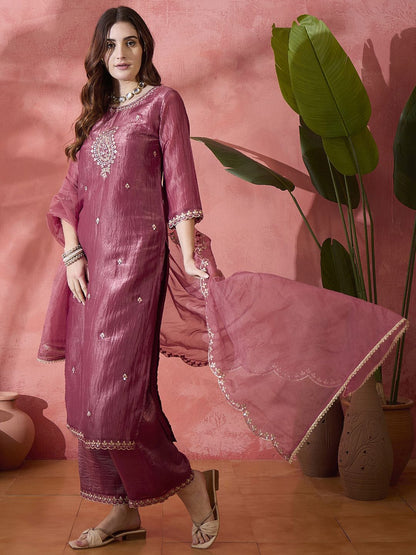 Dhiyona SN Pink Floral Embroidered Mirror Work Straight Kurta With Palazzo And Dupatta