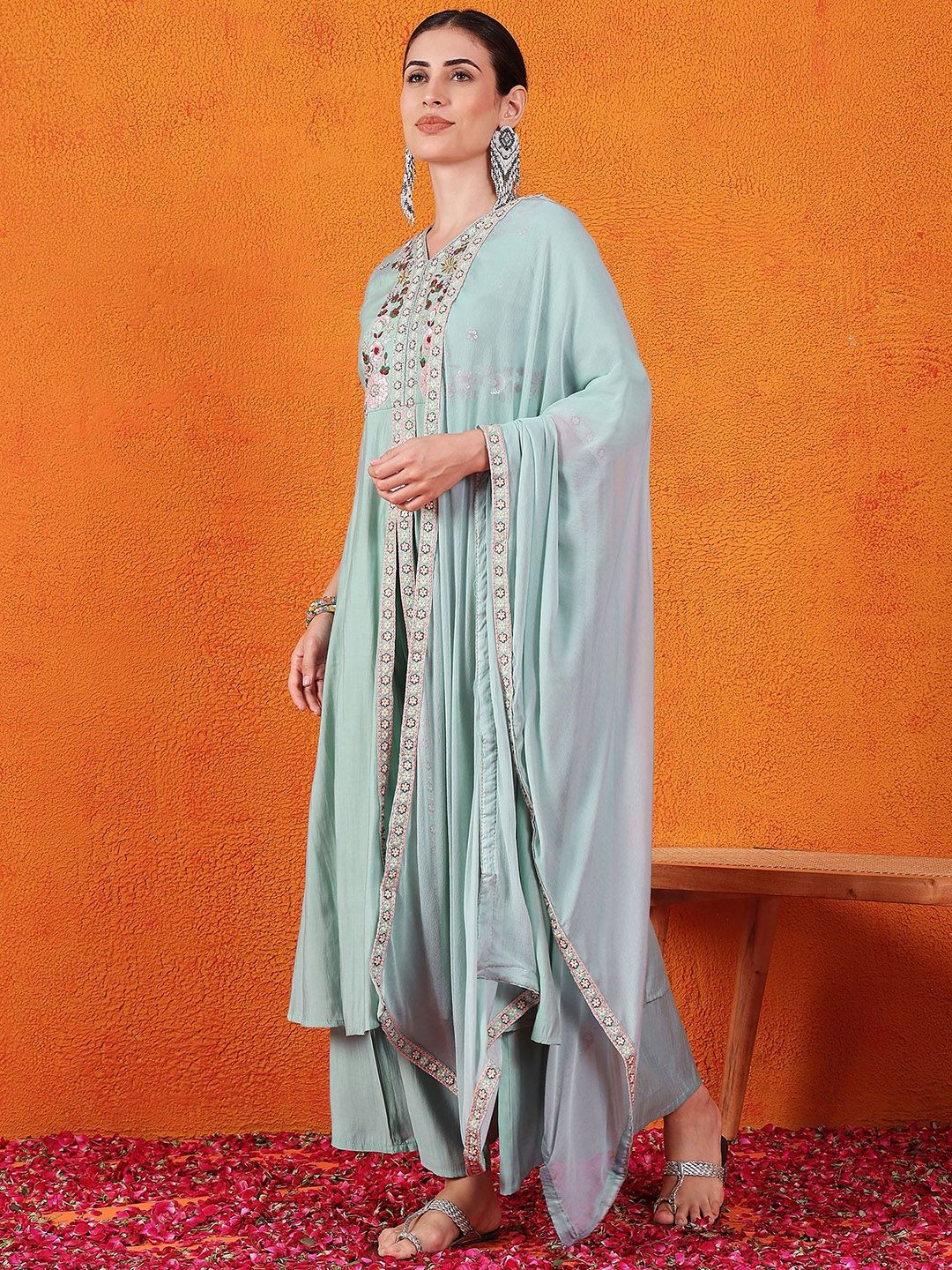 Dhiyona SN Embroidered V-Neck Kurta, Palazzo & Dupatta Set