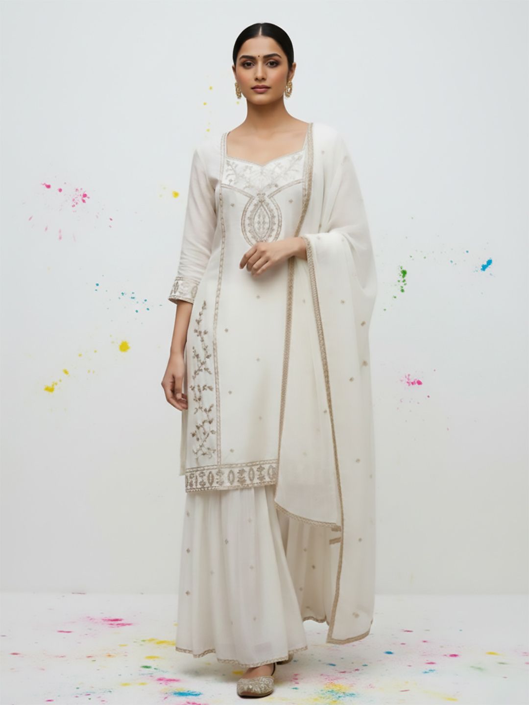 Dhiyona VA Women Ethnic Motifs Embroidered Regular Thread Work Kurta with Sharara & With Dupatta