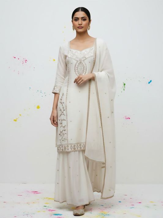 Dhiyona VA Women Ethnic Motifs Embroidered Regular Thread Work Kurta with Sharara & With Dupatta