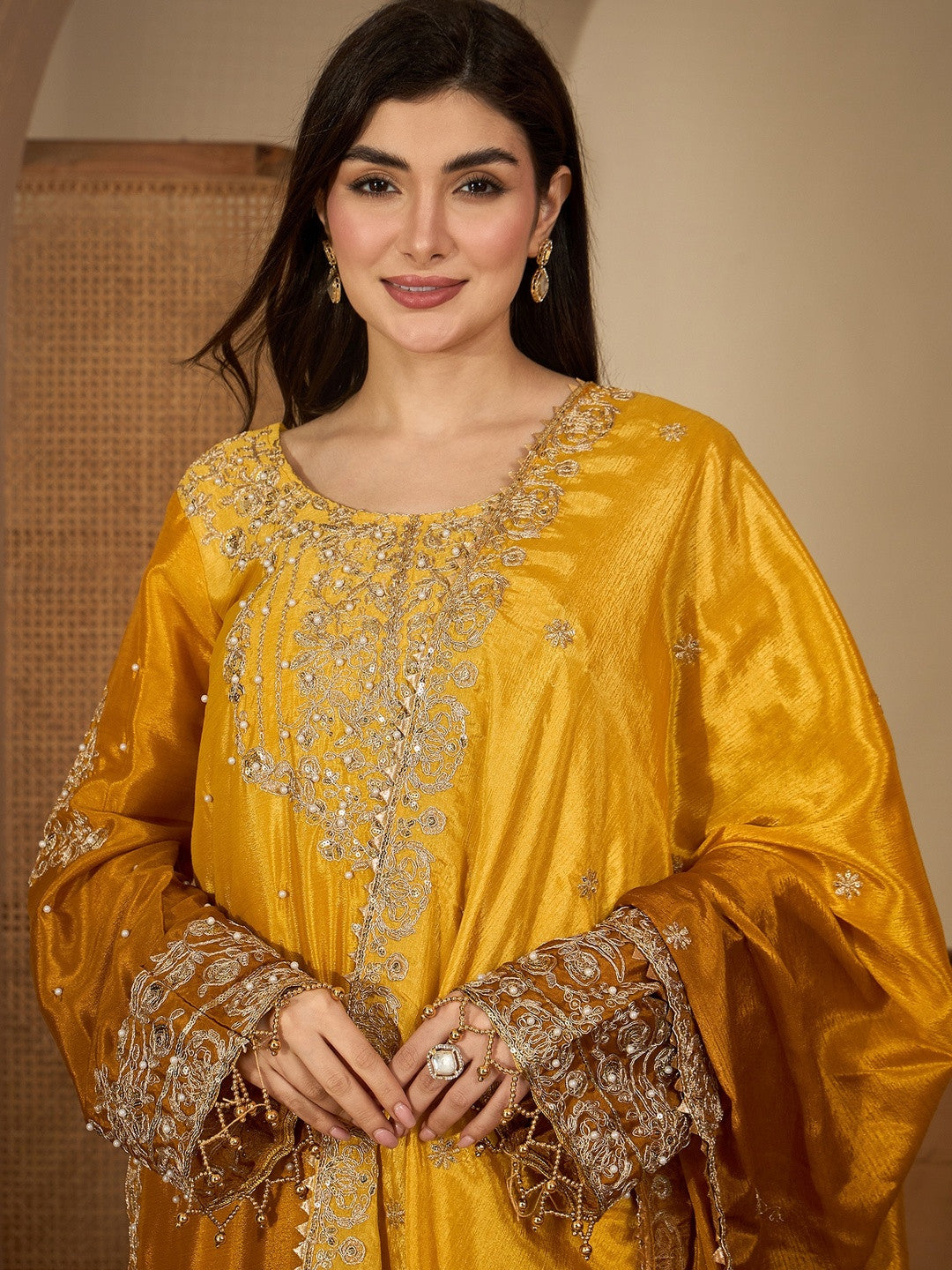 Mustard Chinon Silk Embroidery Work Kurta With Sharara And Dupatta