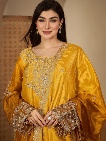Mustard Chinon Silk Embroidery Work Kurta With Sharara And Dupatta