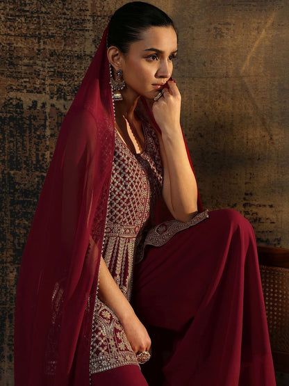 Dhiyona LL Women Ethnic Motifs Embroidered Empire Thread Work Kurti with Palazzos & With Dupatta
