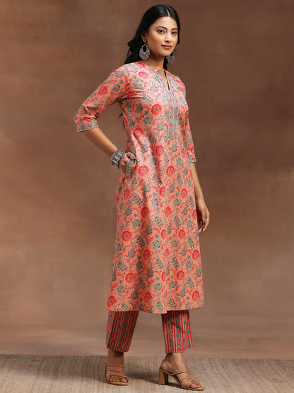 Women's LB Peach Printed Cotton A-line Kurta With Trousers & Dupatta