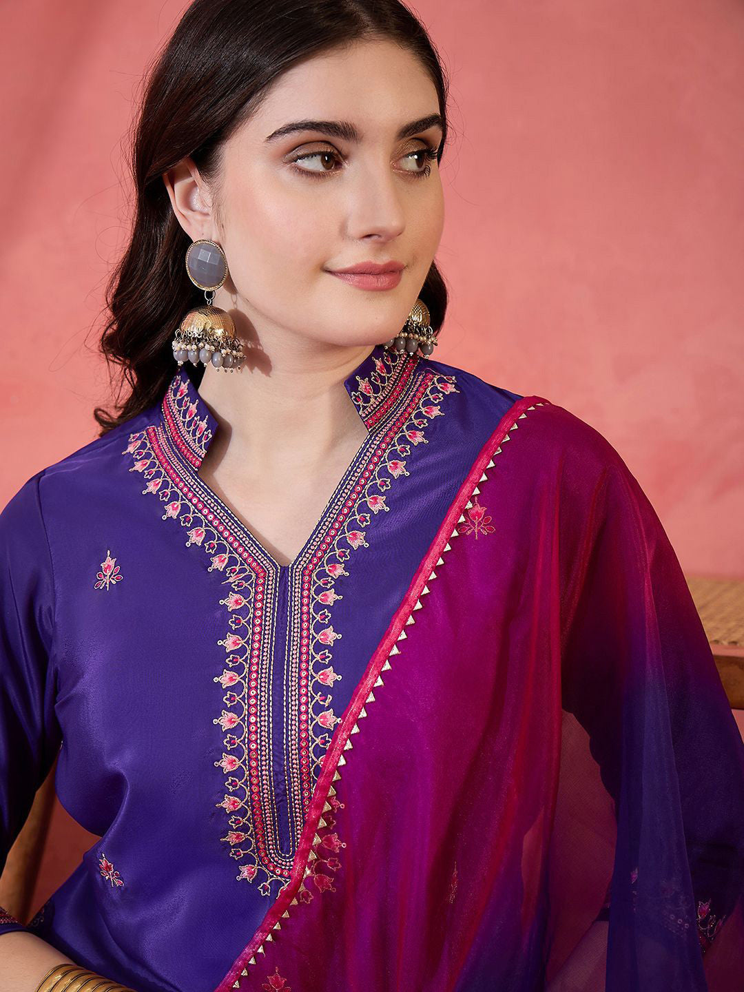 Zari Sequence Embroidered Kurta With Trousers & Dupatta