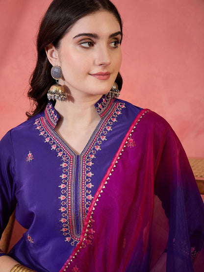 Zari Sequence Embroidered Kurta With Trousers & Dupatta