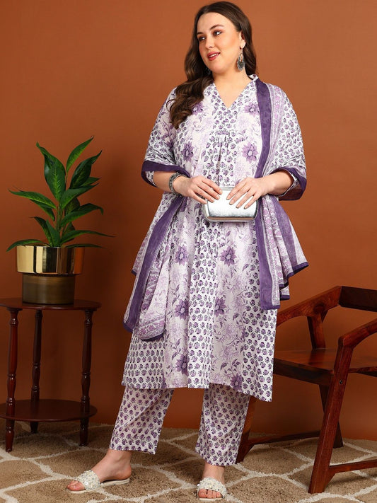 Dhiyona KL Women Floral Printed Regular Pure Cotton Kurta with Trousers & With Dupatta