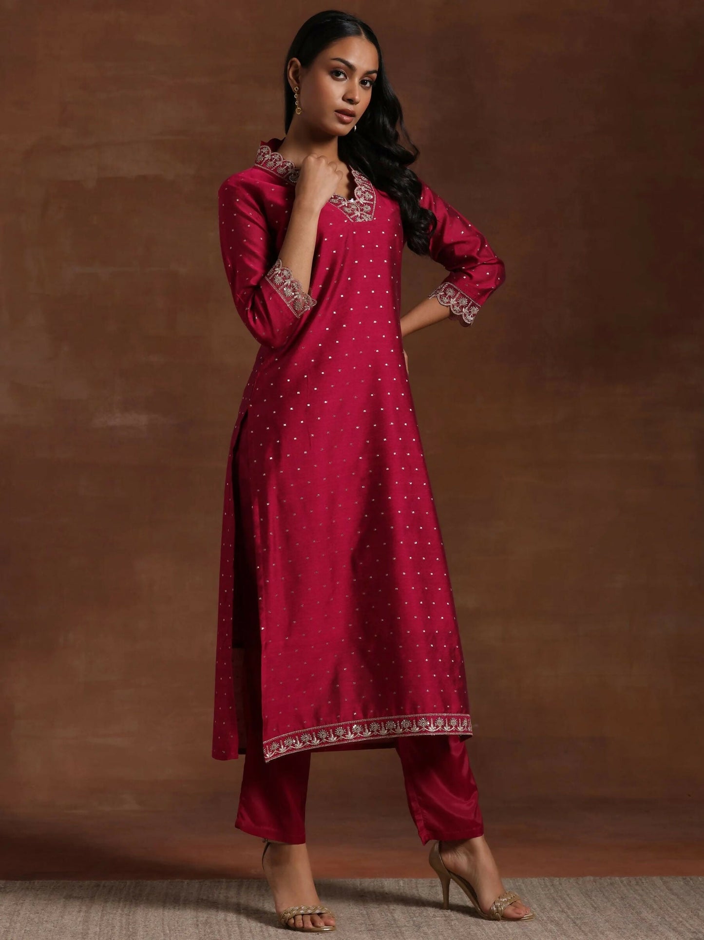 Women's LB Pink Self Design Silk Blend Straight Suit With Dupatta