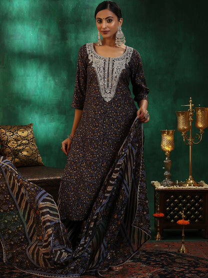 Women Floral Printed Regular Thread Work Kurta with Trousers & With Dupatta