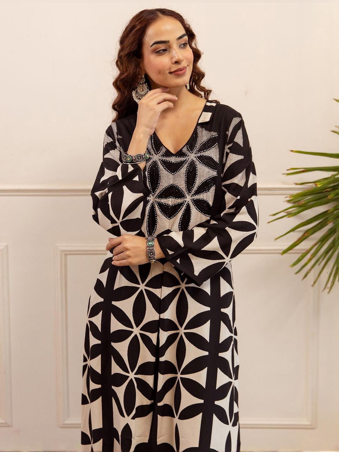 Printed A Line Beads and Stones Kurta With Palazzos