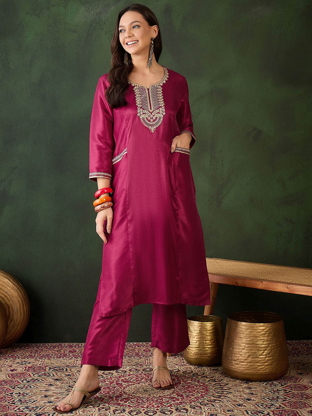 Women Embroidered Straight Kurta & Salwar