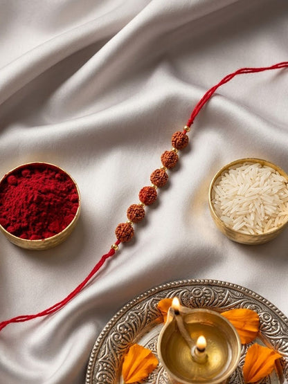Dhiyona Religious Rudraksh Thread Rakhi With Roli Chawal Chandan Mishri