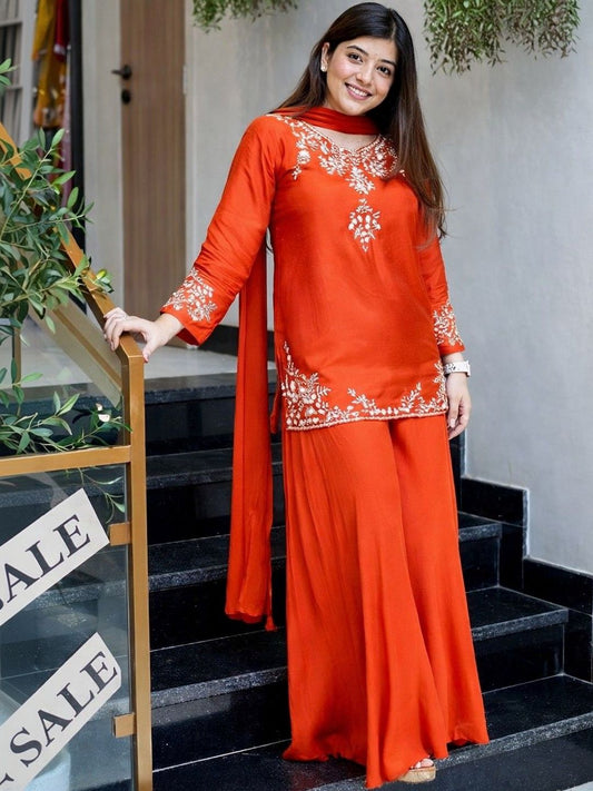 Dhiyona KL Women Ethnic Motifs Embroidered Regular Thread Work Silk Crepe Kurta with Palazzos & With Dupatta