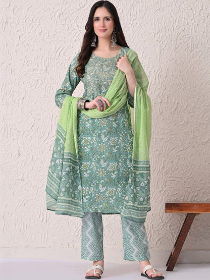 Women Floral Printed Regular Thread Work Pure Cotton Kurta with Palazzos & With Dupatta