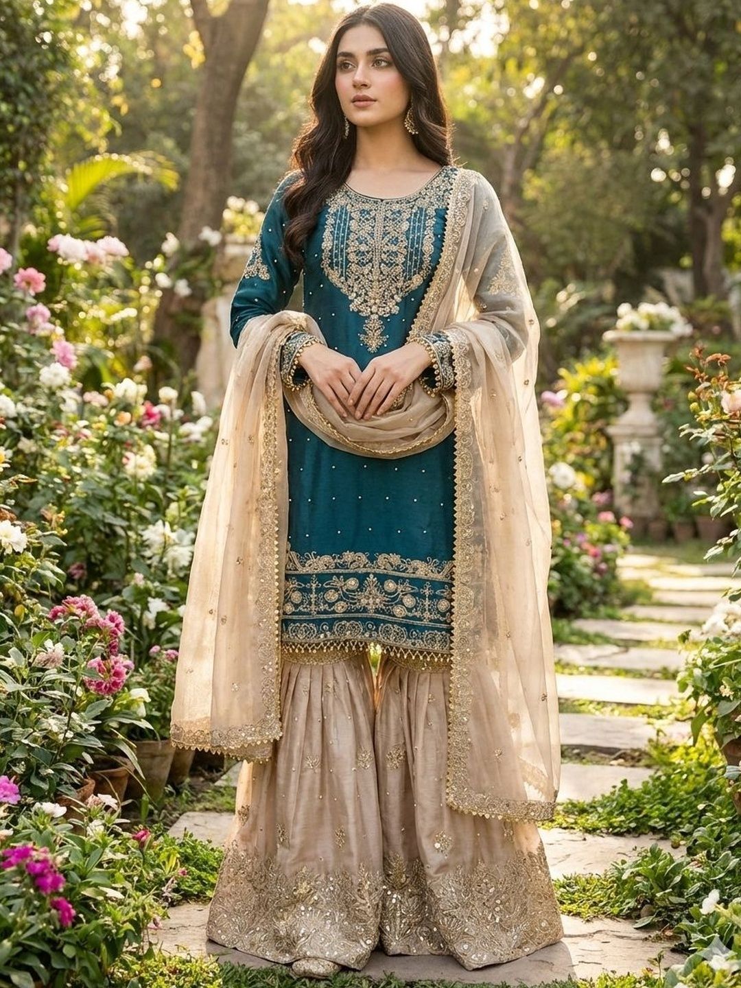 Dhiyona KL Women Ethnic Motifs Embroidered Regular Thread Work Kurta with Sharara & With Dupatta