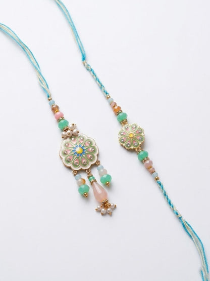 Dhiyona Set Of 2 Round Artificial Beads Traditional Bhaiya Bhabhi Rakhi With Roli Chawal
