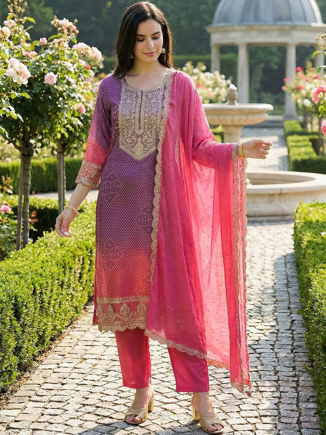 Women Ethnic Motifs Printed Regular Thread Work Kurta with Trousers & With Dupatta