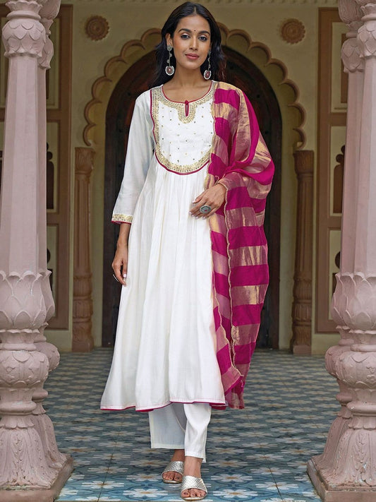 Dhiyona KL Women Ethnic Motifs Embroidered Empire Sequinned Chanderi Silk Kurta with Trousers & With Dupatta
