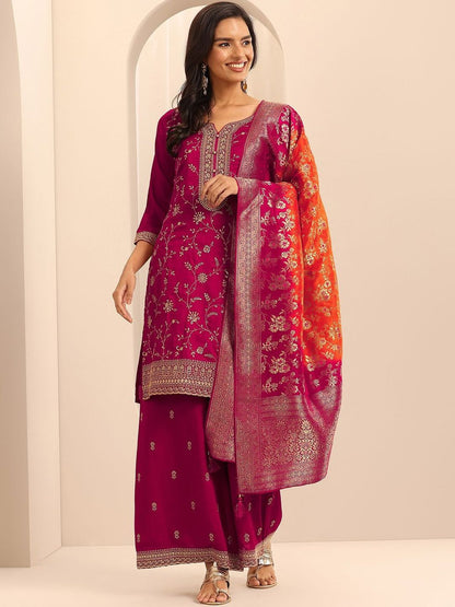 Dhiyona LL Ethnic Motifs Embroidered Straight Thread Work Kurta With Palazzos & Dupatta