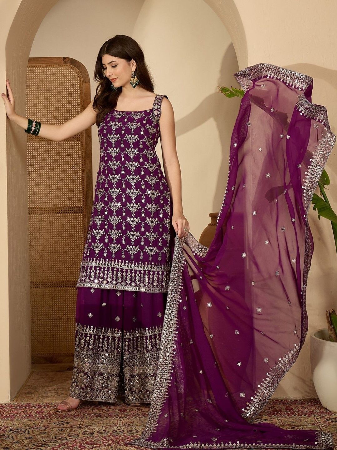 Dhiyona SN Ethnic Motifs Embroidered Sequinned Straight Kurta with Sharara & Dupatta