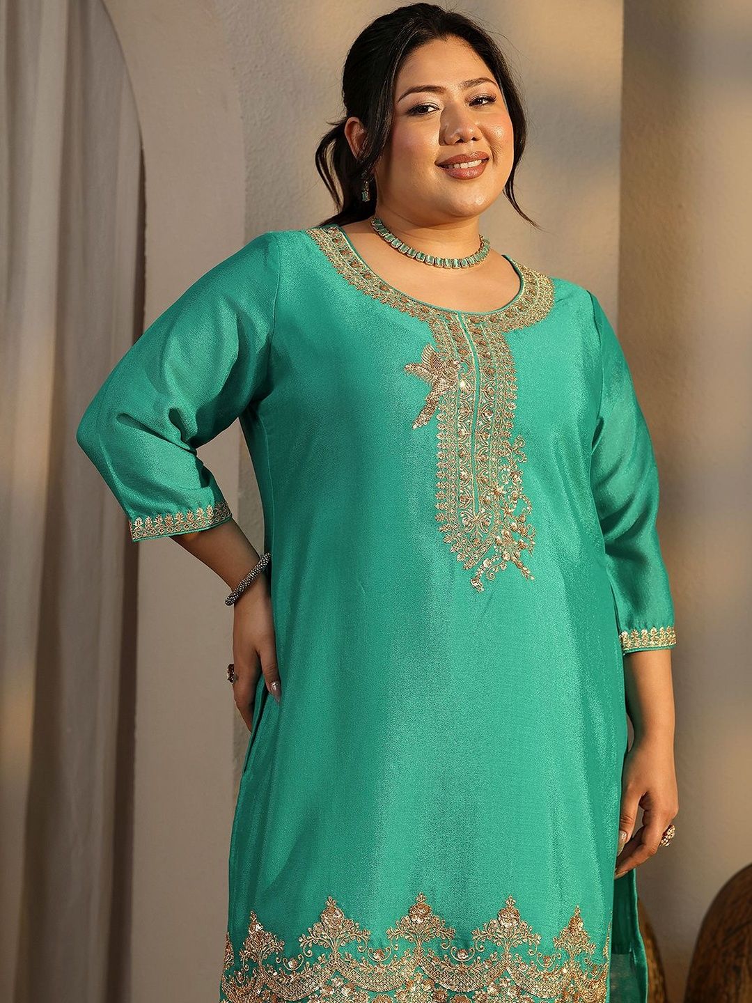 Dhiyona Women's Plus Size Ethnic Motifs Embroidered Kurta with Palazzo & Dupatta