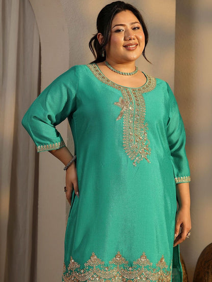 Dhiyona Women's Plus Size Ethnic Motifs Embroidered Kurta with Palazzo & Dupatta