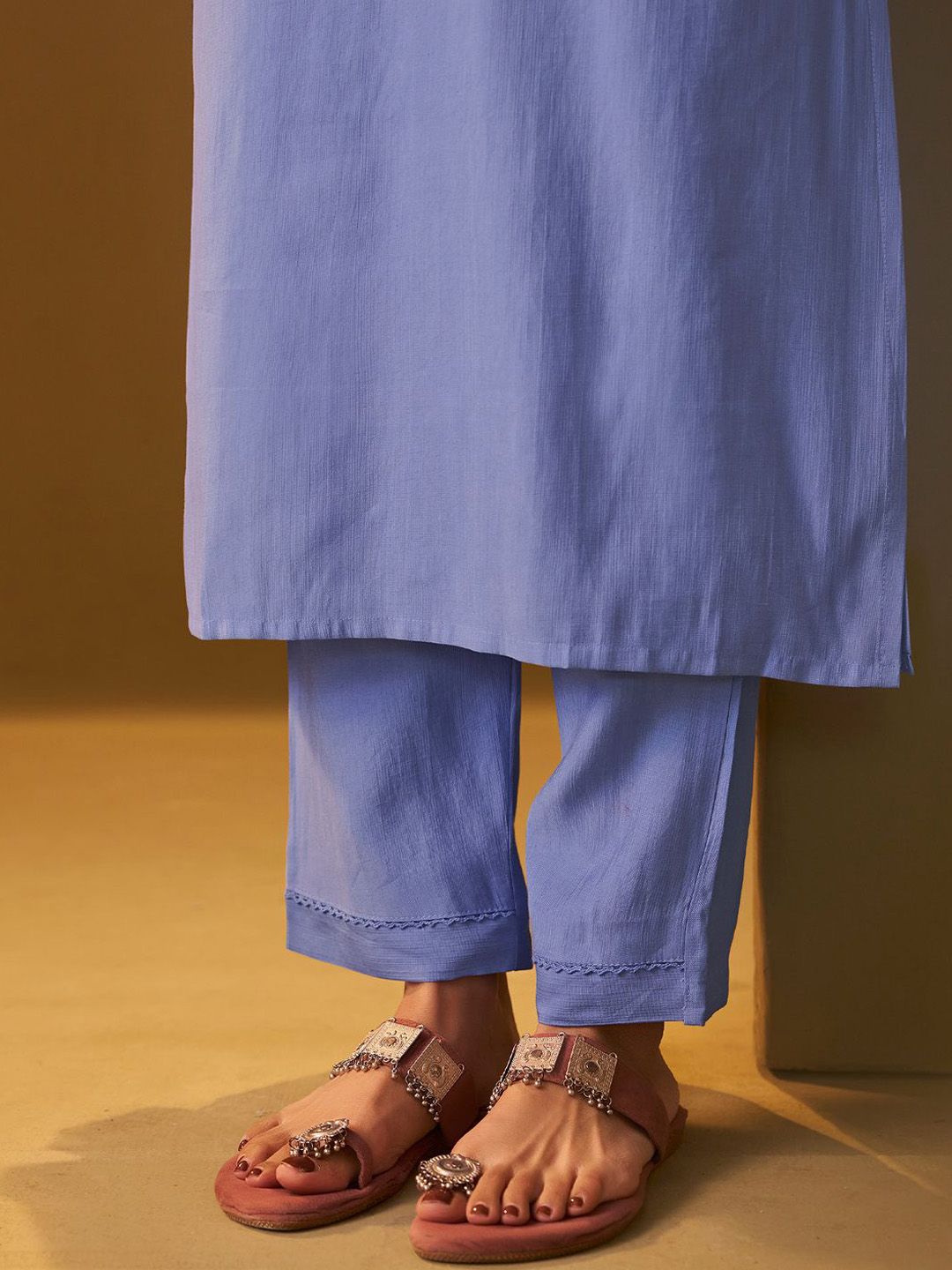 Floral Regular Thread Work Kurta With Trousers & Dupatta