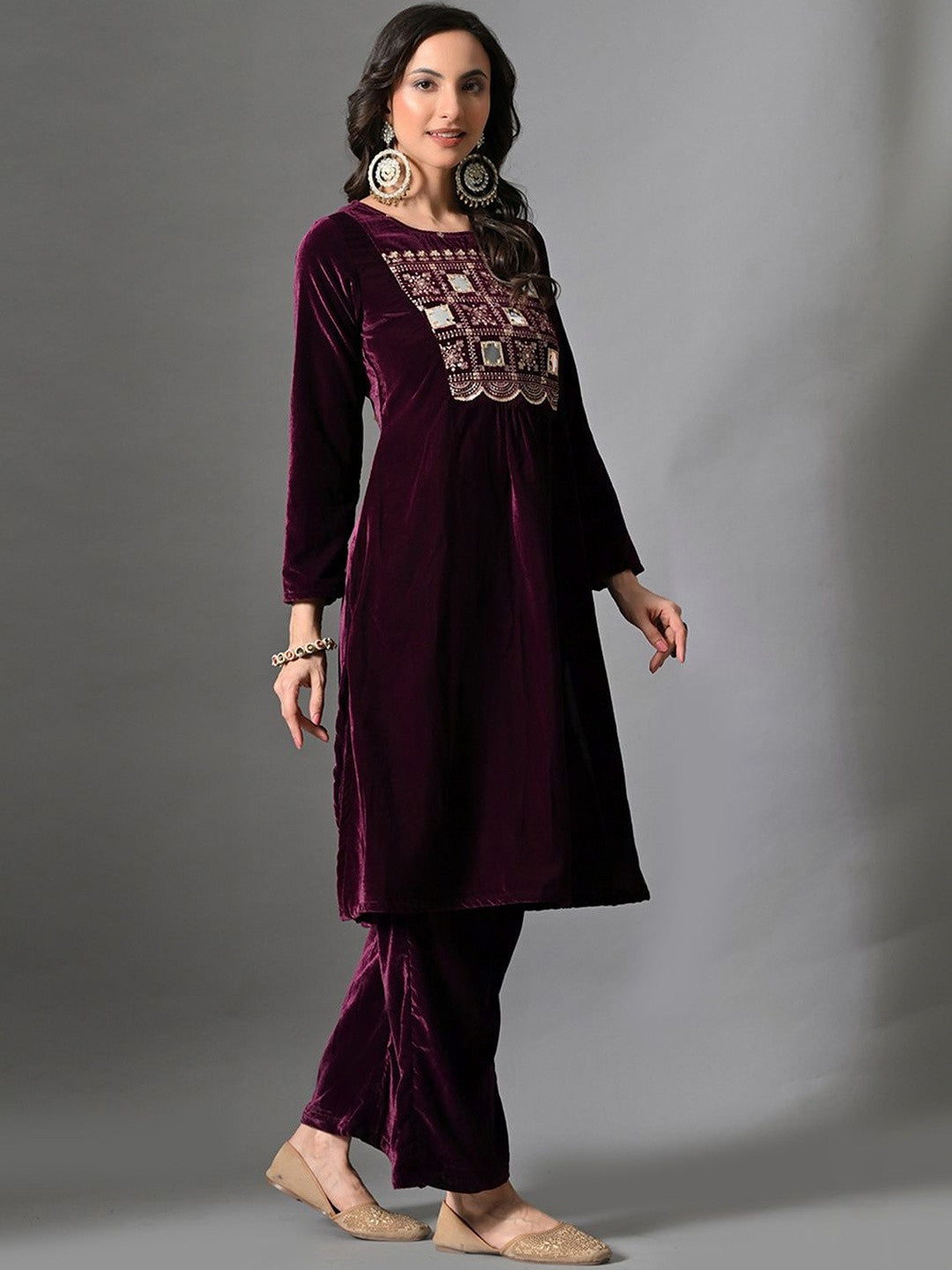 Embroidered Velvet Round Neck Kurta & Trousers With Dupatta