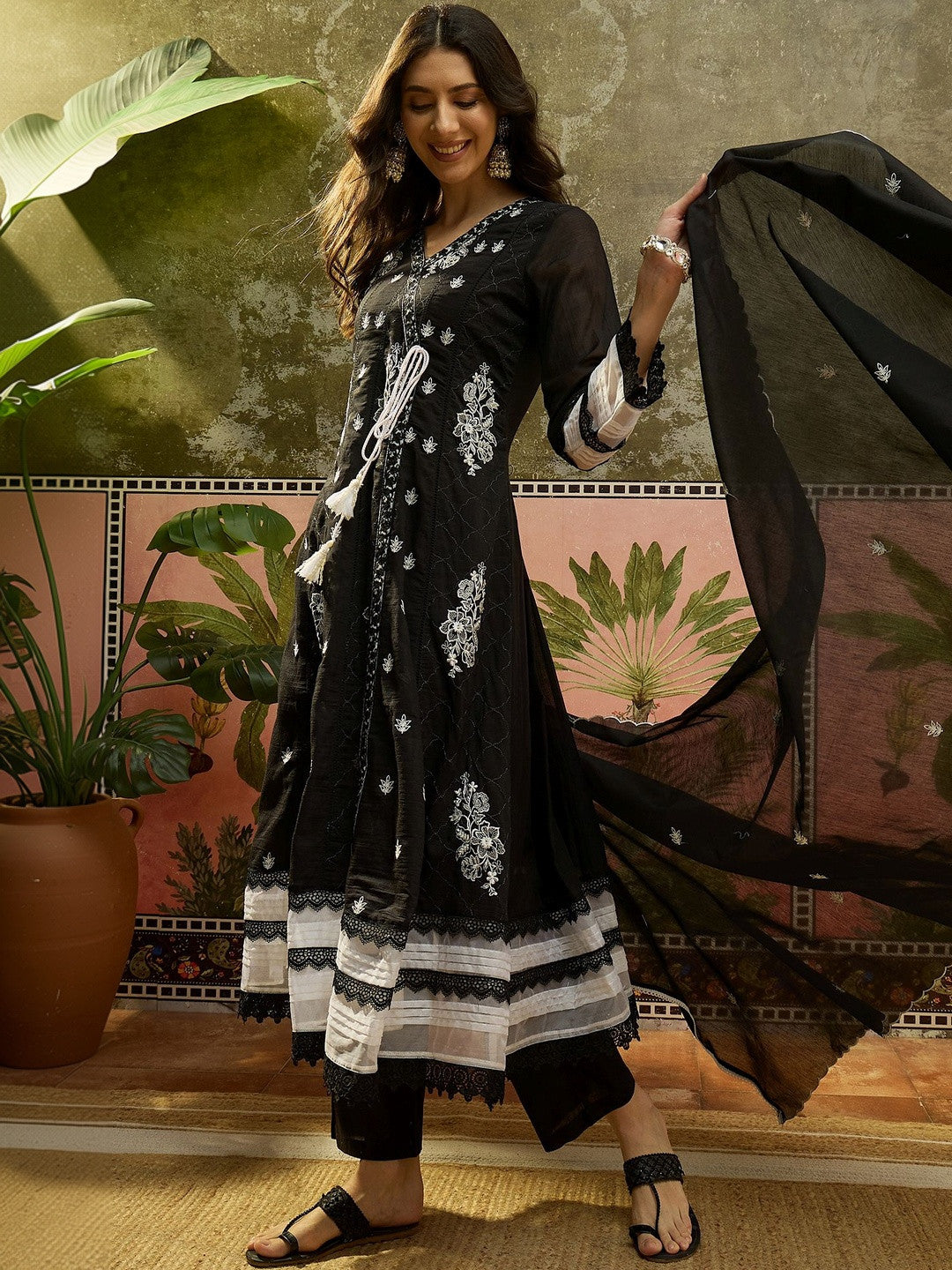 Embroidered Pure Cotton V-Neck Kurti & Trousers