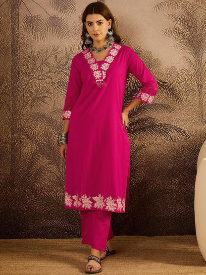Embroidered Cotton Kurta with Trousers & Dupatta Set