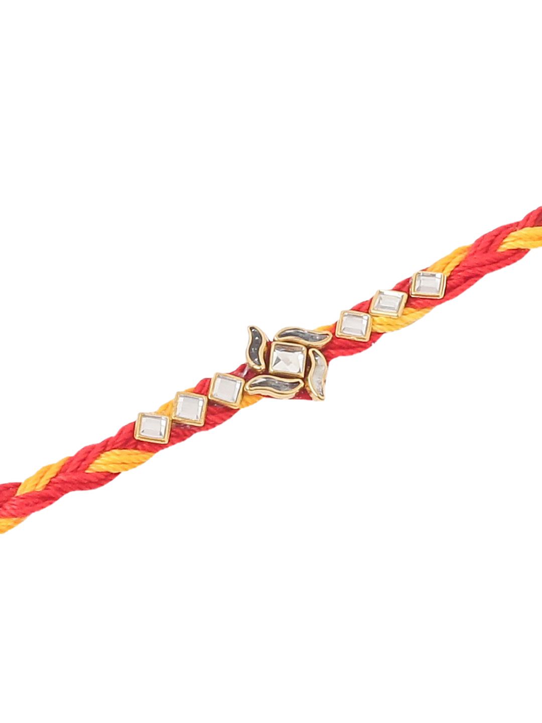 Dhiyona Set Of 3 Kundan Studded Floral Thread Rakhis With Roli Chawal Chandan & Mishri