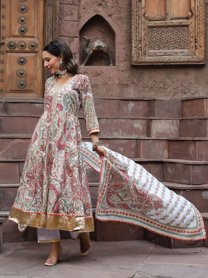 Dhiyona RR Women's Paisley Printed Gotta Patti Pure Cotton Kurta with Trousers & Dupatta
