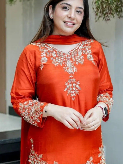 Dhiyona KL Women Ethnic Motifs Embroidered Regular Thread Work Silk Crepe Kurta with Palazzos & With Dupatta