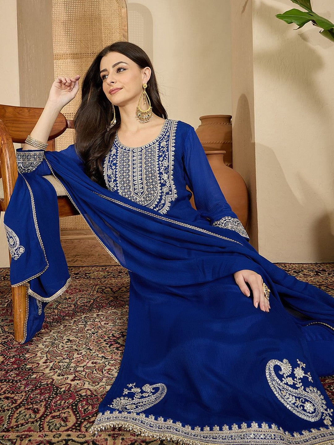 Women Embroidered Round Neck Kurta & Trousers With Dupatta