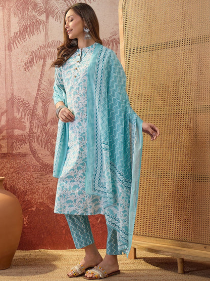 Printed Pure Cotton Mandarin Collar Kurta & Trousers Kurta Set