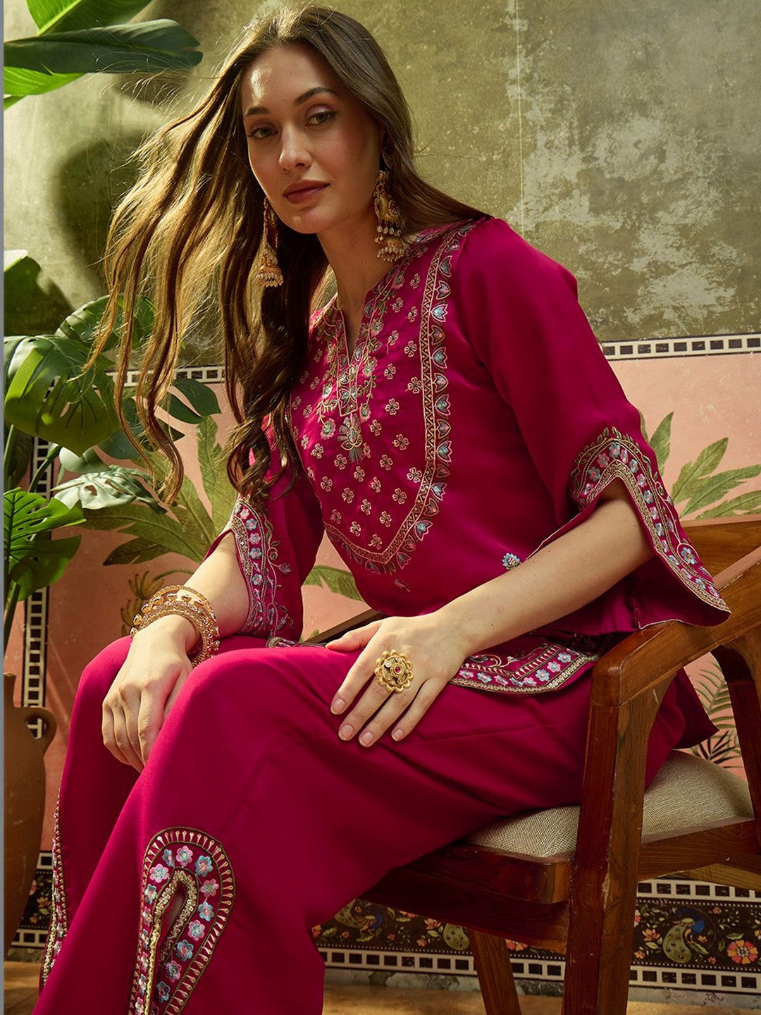 Embroidered Round Neck Kurta & Palazzos Kurta Set